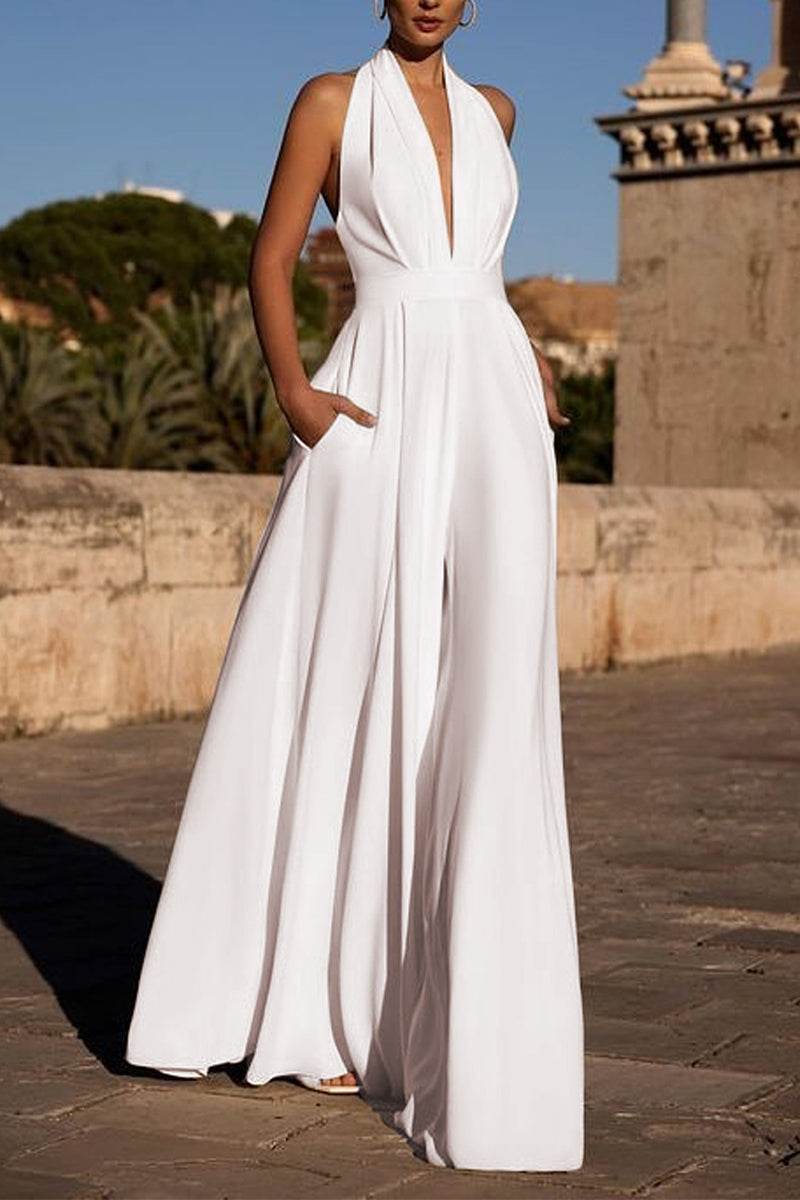 Halter Floor Length Chiffon Wedding Jumpsuit 591554938337 - COCOMELODY